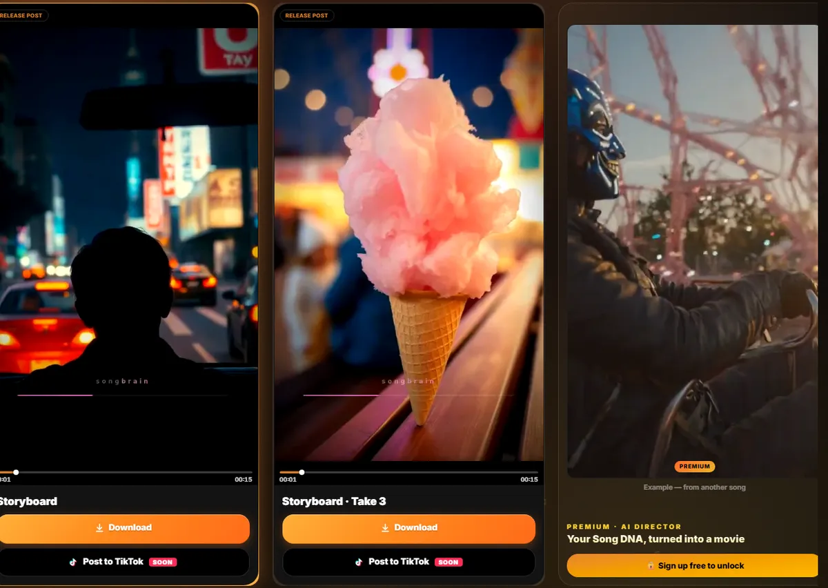 The reels rendered for the same Suno song: two storyboard takes as hero cards, the premium AI director card, and the row of further versions — Spectrum, Kinetic Words, VHS Teaser, Vinyl, Terminal, Lyric Quote.