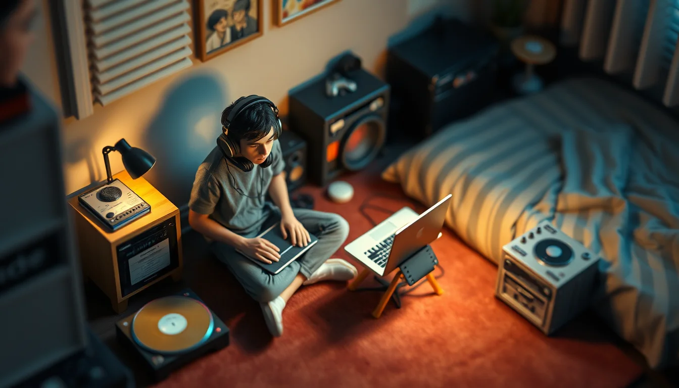 Miniature diorama of a young musician in headphones working on a laptop on a bedroom floor, surrounded by speakers and vinyl