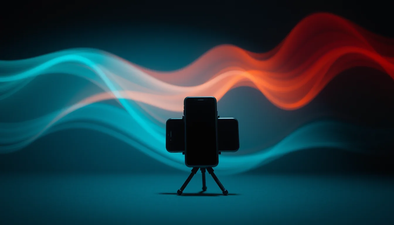 A phone on a small tripod in a dark room in front of sweeping waves of orange and cyan light
