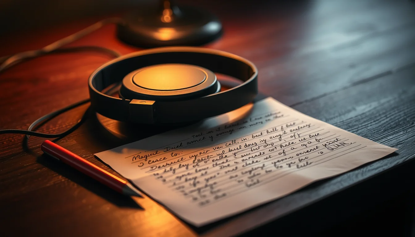 Studio headphones on a dark desk next to a red pen and a sheet of paper covered in handwritten margin notes
