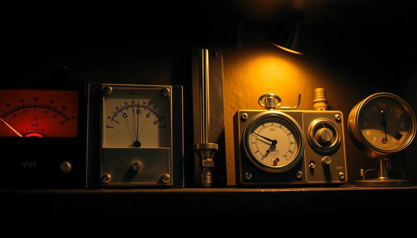 Vintage measuring instruments lined up on a dark shelf, each lit by a small warm spotlight