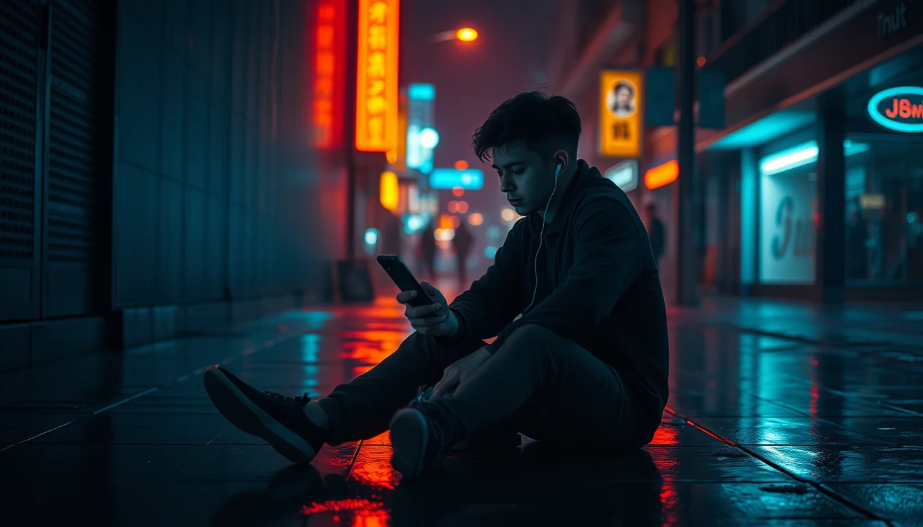 A young musician sitting alone on a rain-wet pavement at night, earbuds in, staring at a phone under neon signs