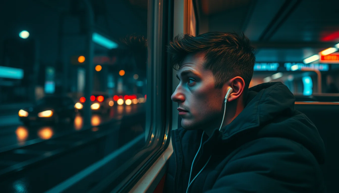 A stranger on a night train with an earbud in, looking out of the window at the blurred city lights
