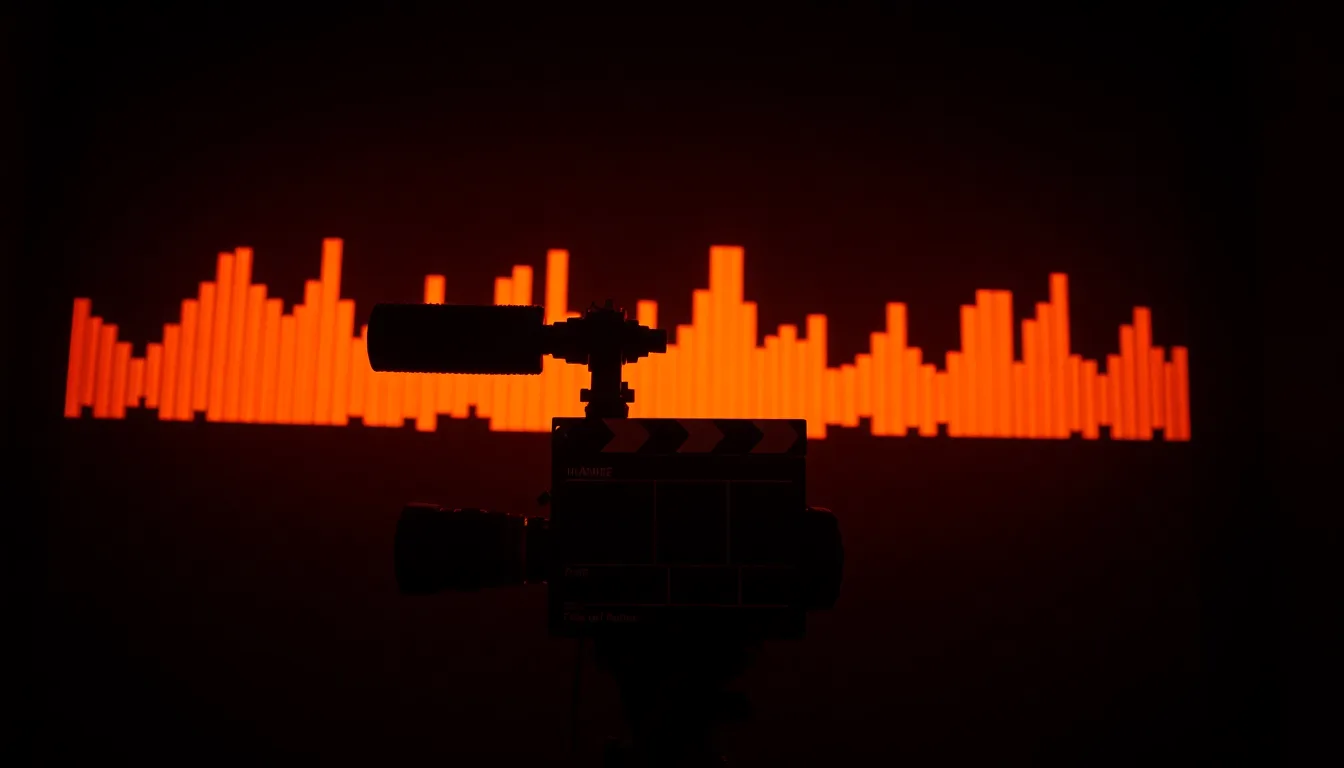 Camera rig in front of a wall of glowing audio waveforms - making an AI music video for a Suno song