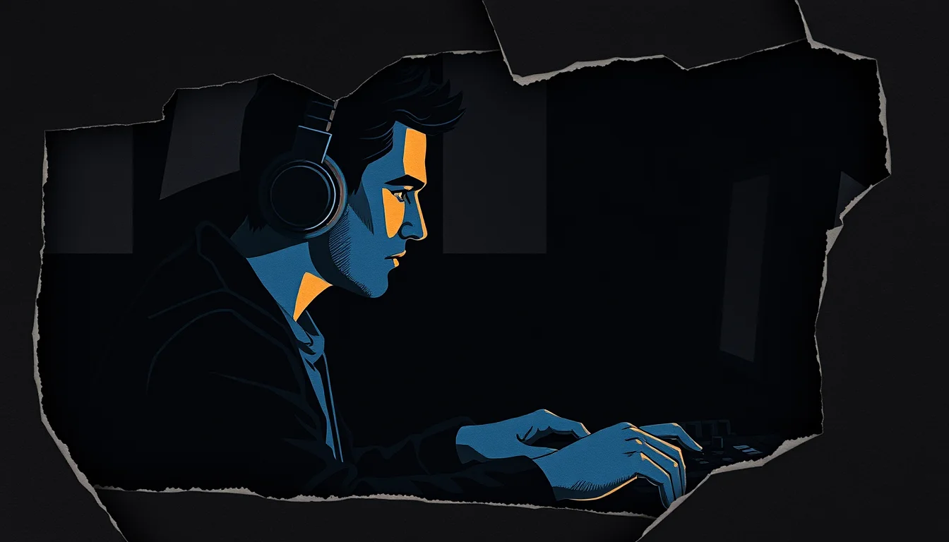 Paper-cut illustration of a producer in headphones checking a mix at night, face lit by the screen