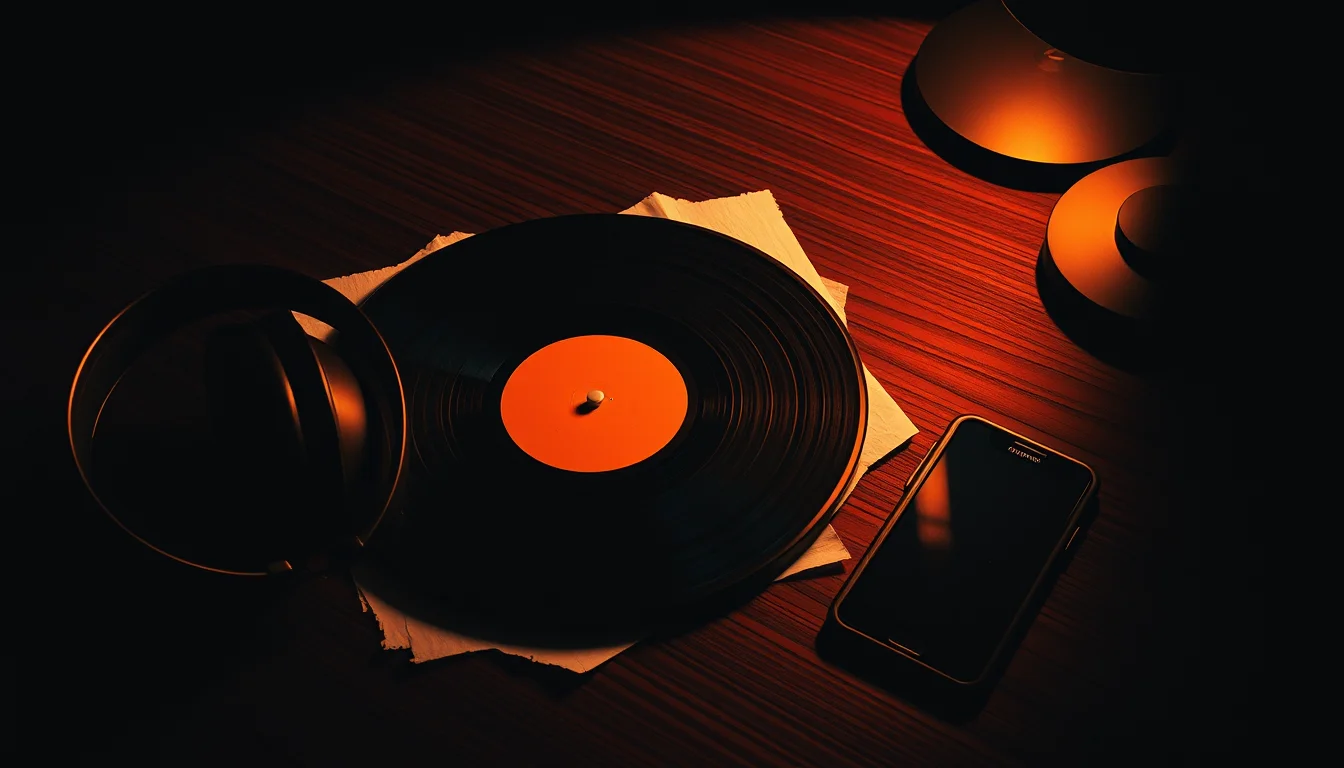 A vinyl record, headphones and a phone on a dark wooden table under a warm spotlight
