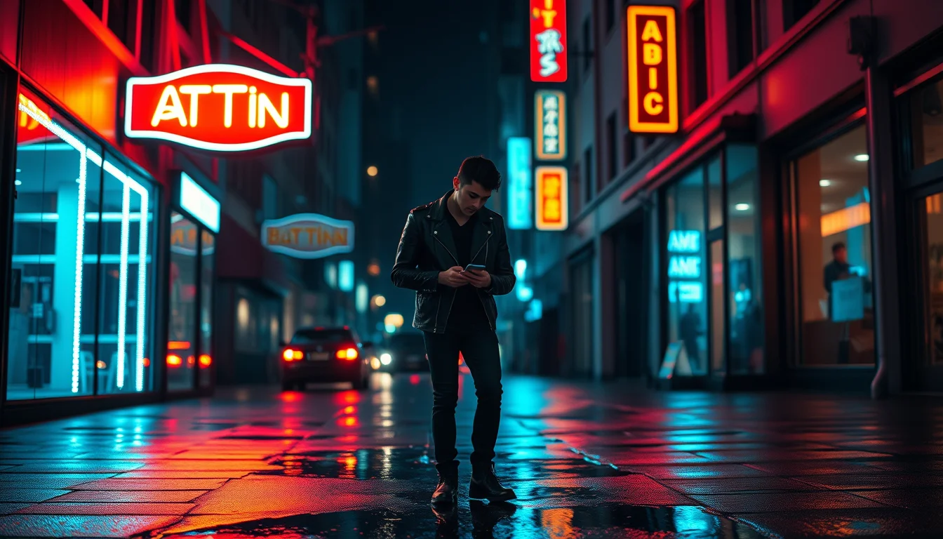 A musician standing alone under a neon sign on a rain-wet city street at night, looking at their phone