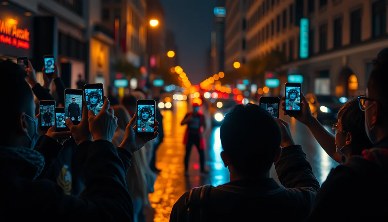 A crowd holding up phones to film a performance, lit by cyan and orange neon reflections on wet pavement