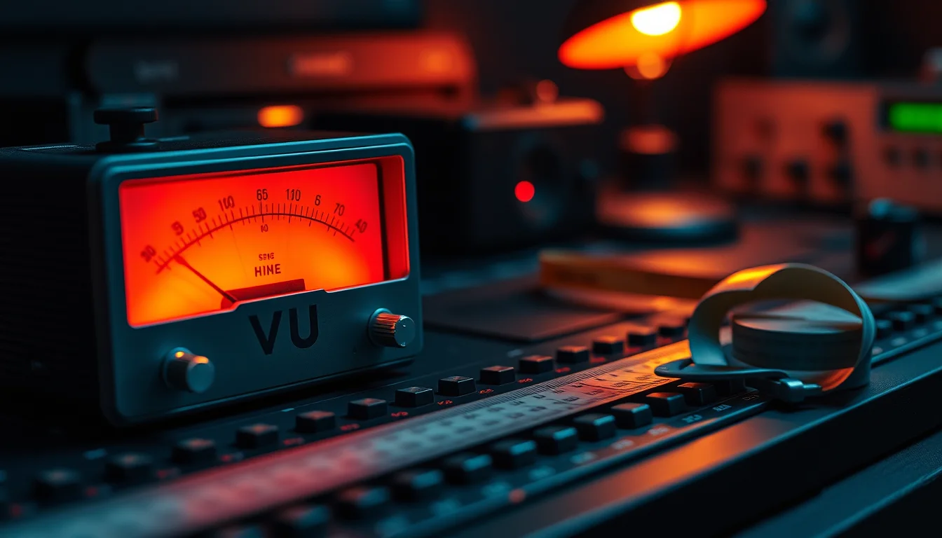 A VU meter glowing orange on a dark mixing desk, needle swung to the right, a steel tape measure curled beside it under a warm lamp