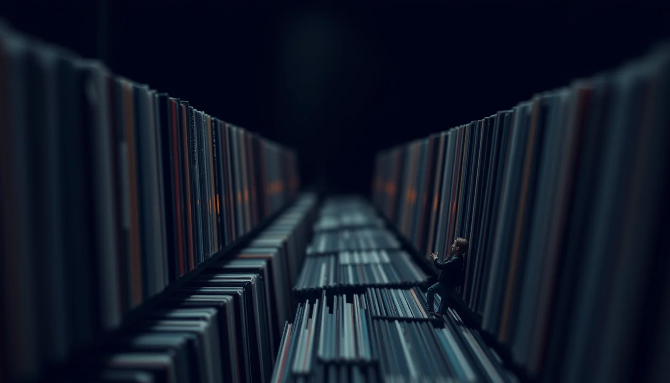 A tiny figure walking through a canyon of thousands of stacked records in the dark, a few spines catching warm light