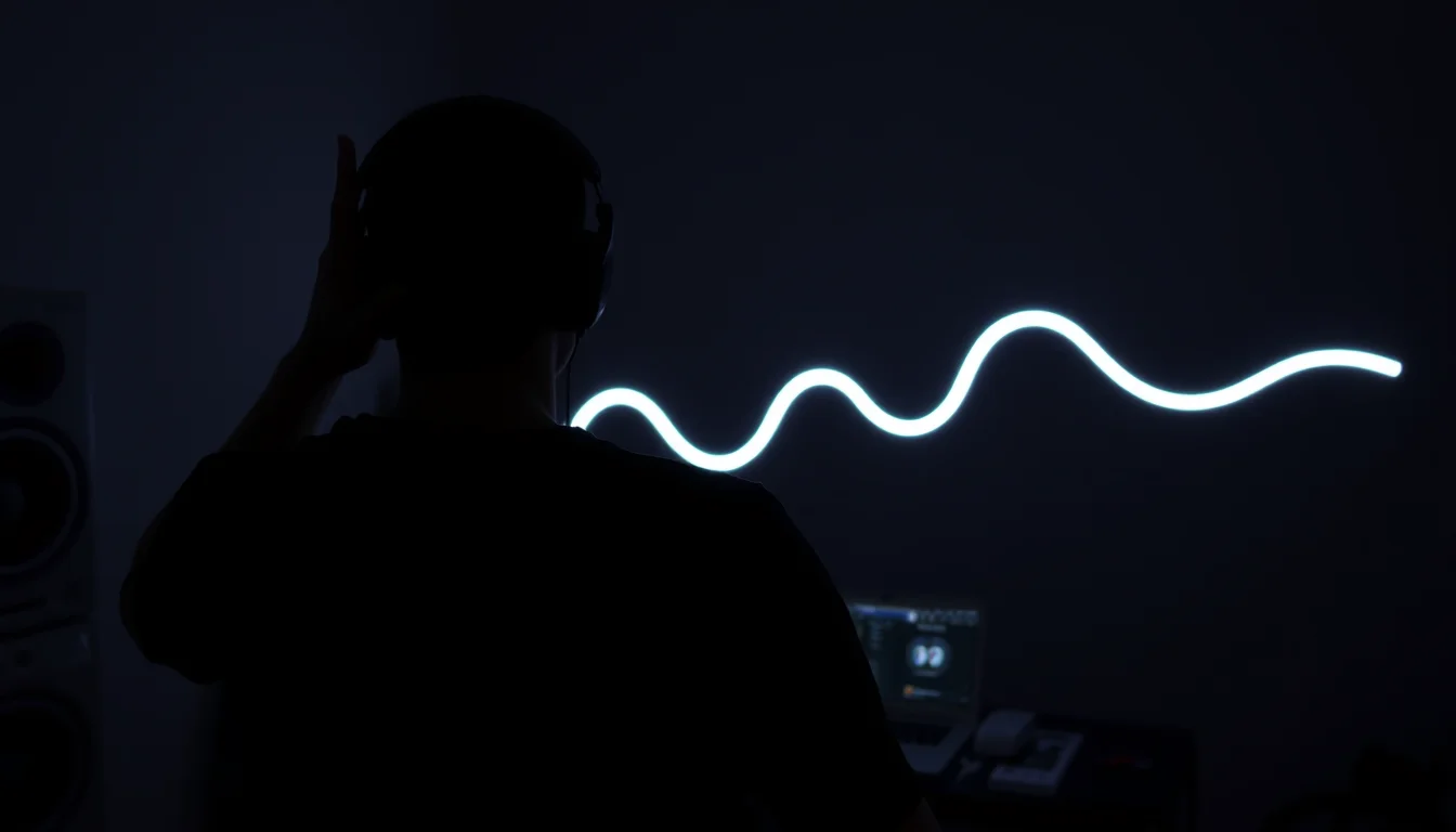 A musician seen from behind in a dark studio, headphones on, one hand raised, a glowing waveform of light drawn across the wall