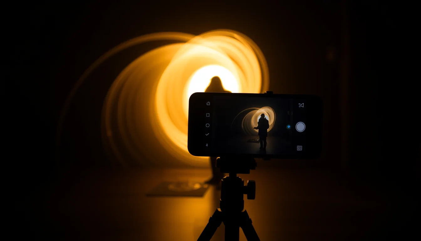 A phone on a tripod filming a lone figure lit by a swirl of light in a dark room