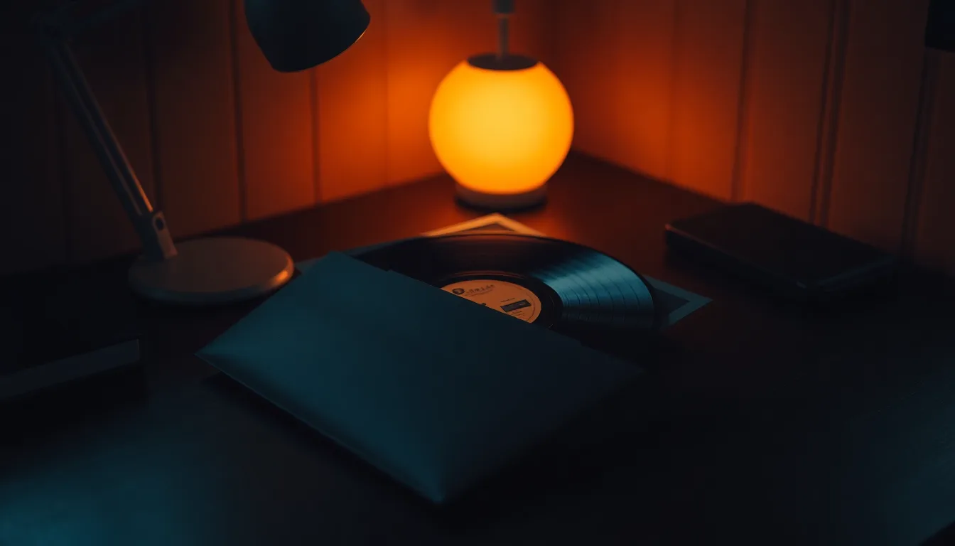 A vinyl record being slid into a dark padded envelope on a desk, lit by one warm lamp