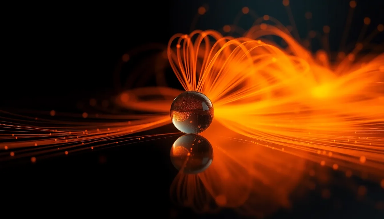 Hundreds of thin orange threads of light fanning out from one small glass sphere on a dark surface