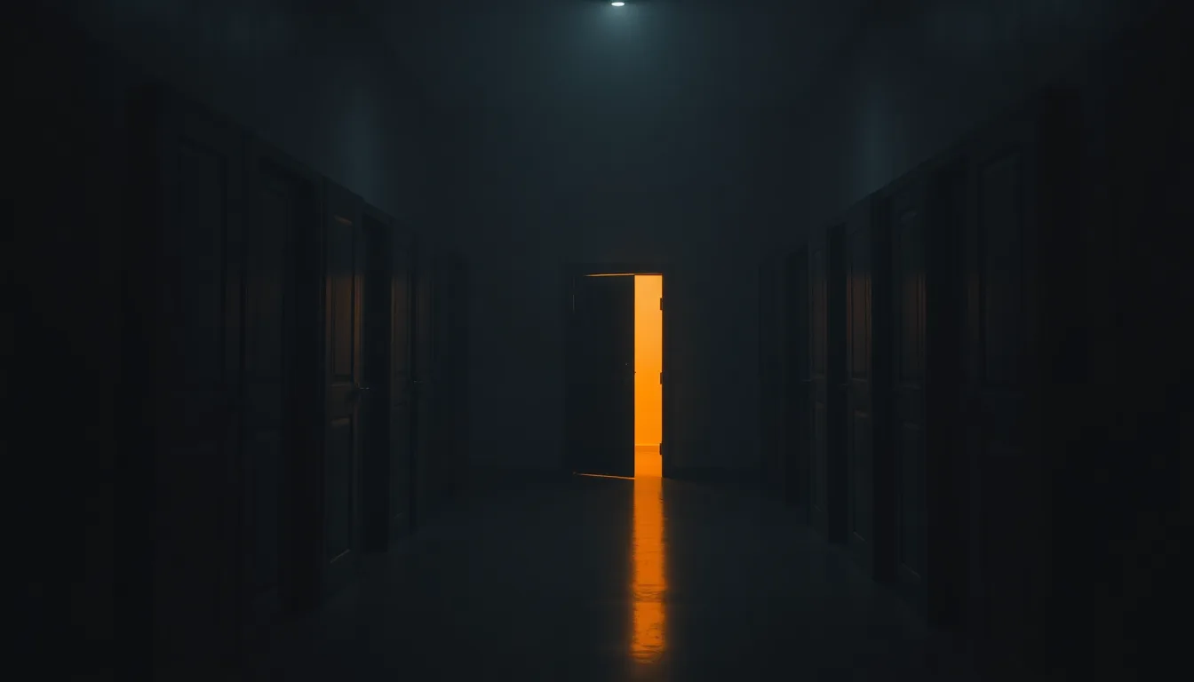 A dark corridor of closed doors at night, one door open with warm orange light spilling onto the floor