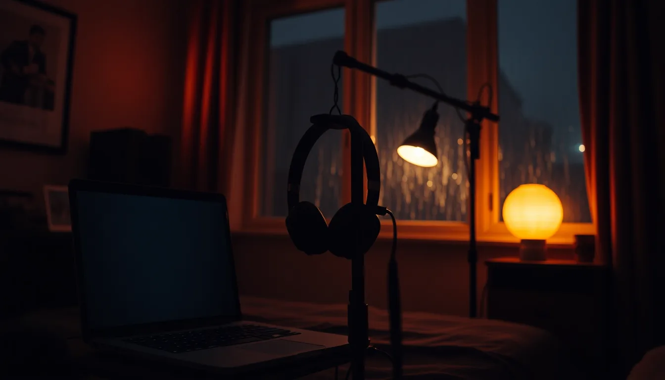 A bedroom studio at night: headphones hung on a mic stand, a laptop, one warm lamp and rain on the window