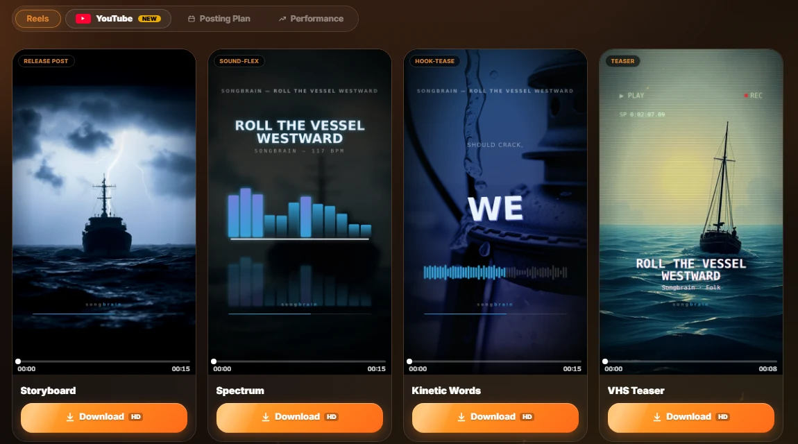 Finished reels for one song in the Songbrain app — storyboard, spectrum, kinetic words and VHS teaser, each with an HD download button