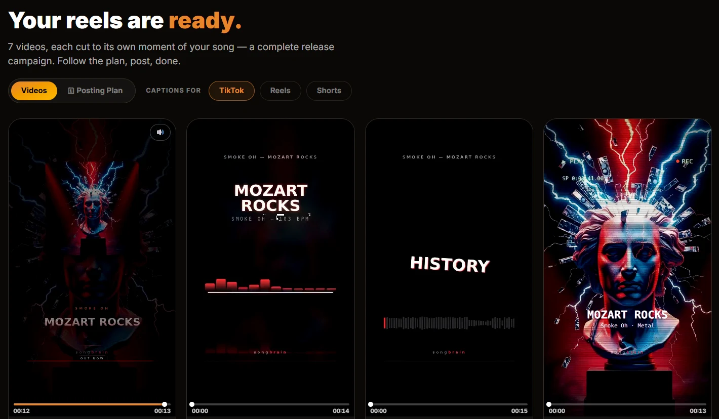 Songbrain result: Your reels are ready — 7 finished videos, each cut to its own moment of the song, with per-platform captions
