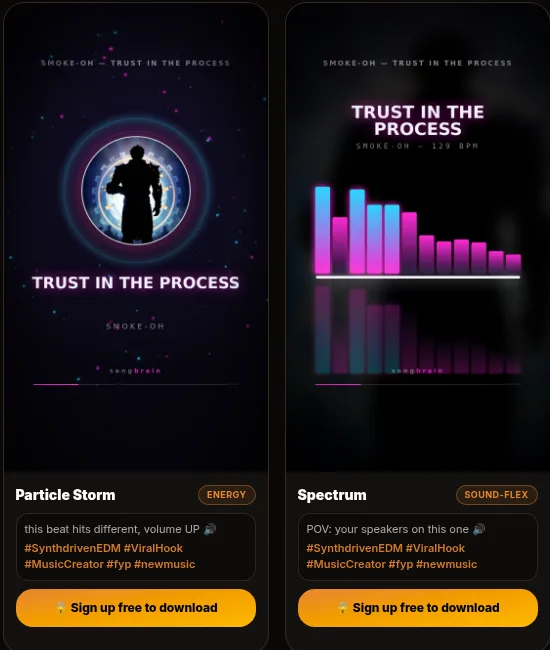 Two ready-to-post Songbrain reels with platform captions and hashtags, cut to the song's best moment