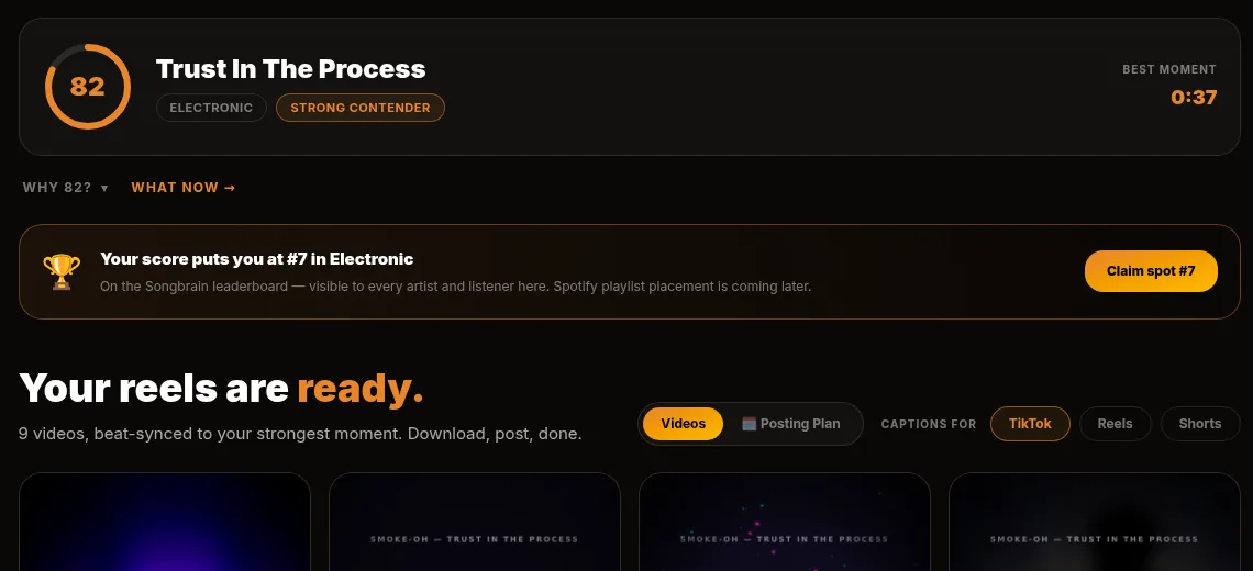 Songbrain result page: Virality Score 82 with genre badge, best moment timestamp and leaderboard rank