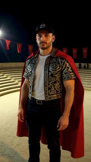 A man in a matador jacket and red cape standing in an empty bullring