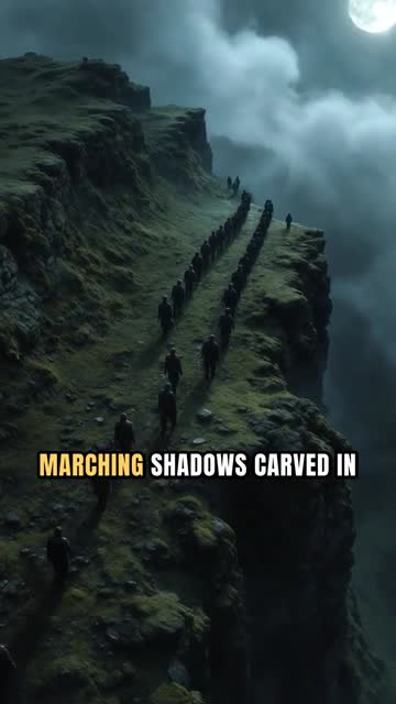 Soldiers marching along a cliff edge at night with big lyrics on screen: Marching shadows carved in