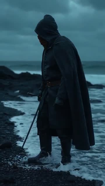 A hooded figure with a sword walking out of the sea