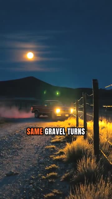 An old pickup truck on a gravel road at night under the moon