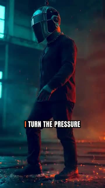A man in a welding helmet walking aimlessly through a burning factory