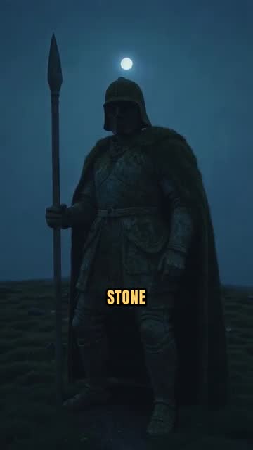 A stone soldier with a spear under a full moon