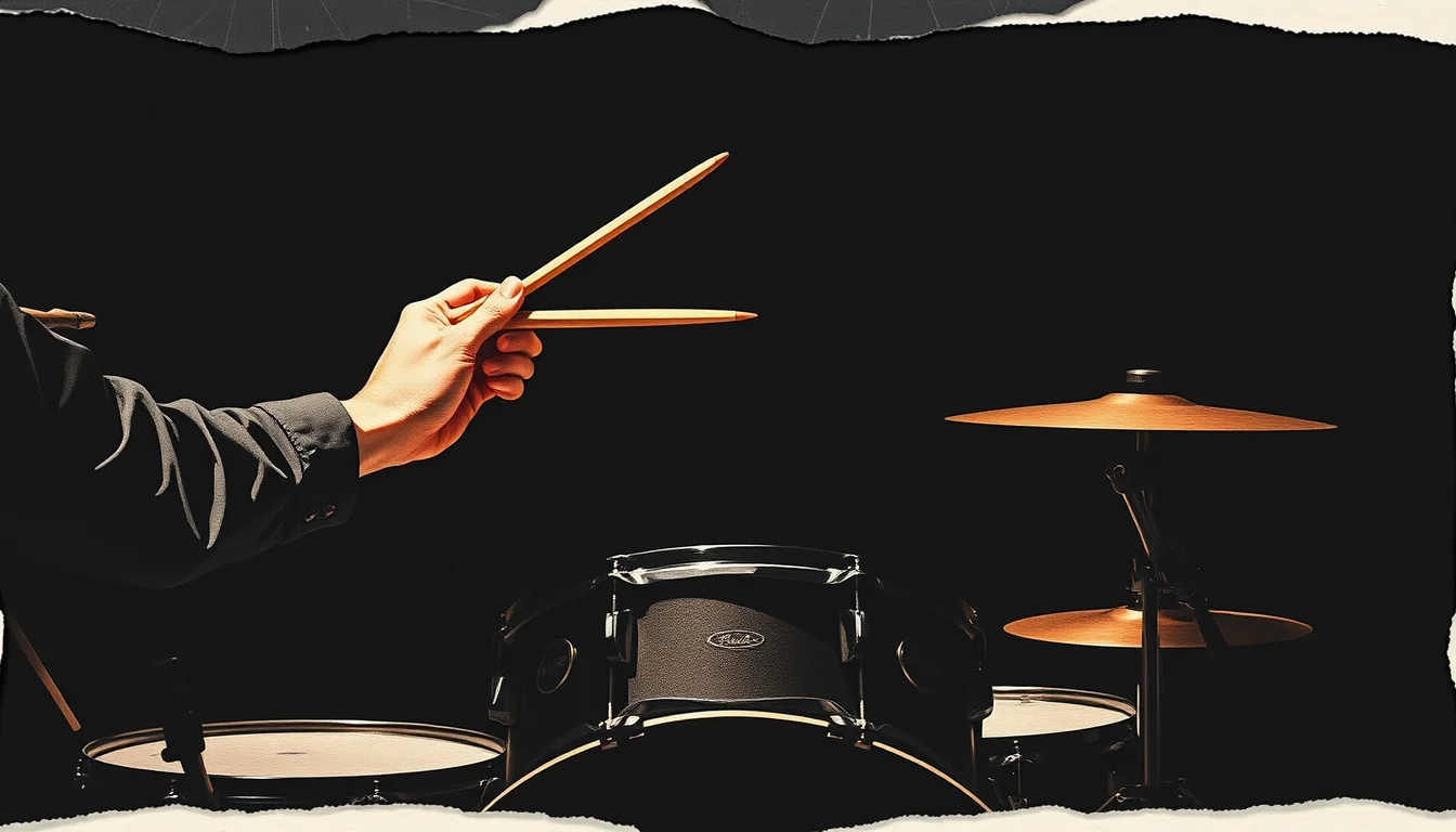 A drummer's hands with sticks caught mid-hit over a snare drum in a dark rehearsal room