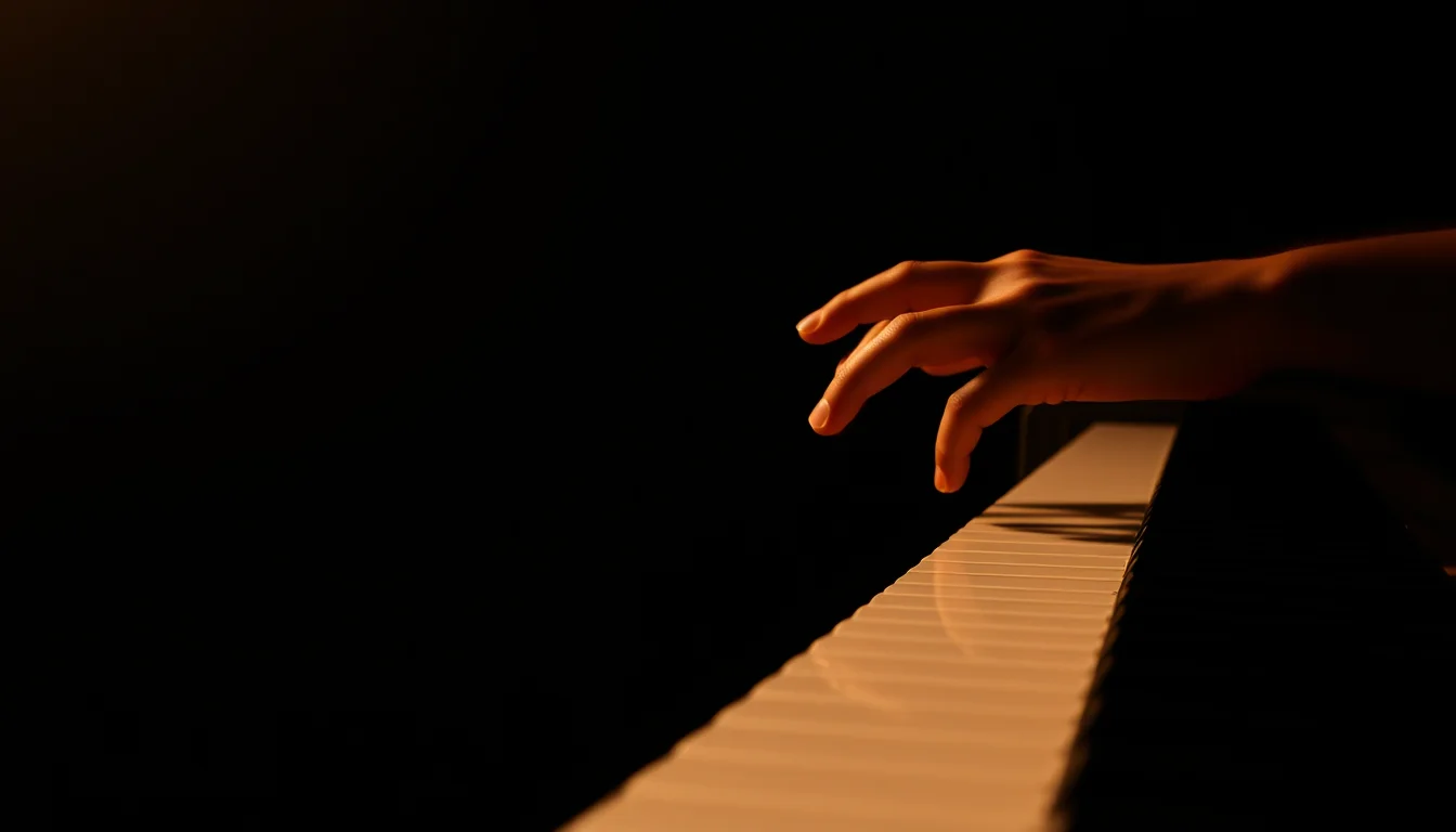 A hand playing a chord on piano keys in warm side light