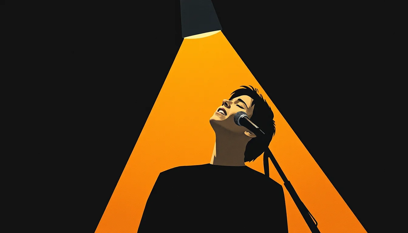 A singer mid-performance under a single warm spotlight, caught at the emotional peak of a song
