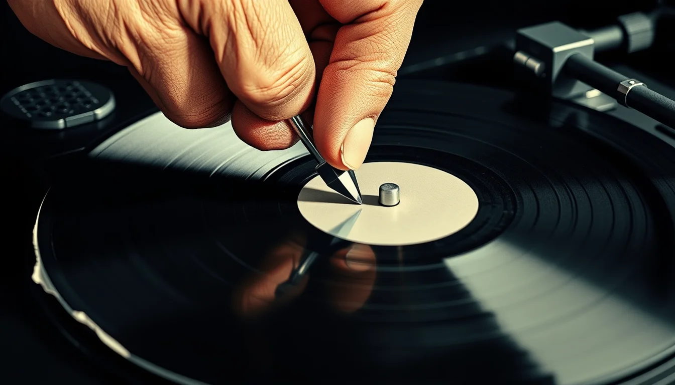 A hand about to drop a turntable needle onto a spinning vinyl record, extreme close-up