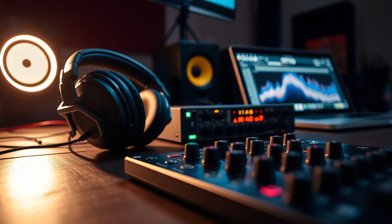 A musician's desk at night with studio headphones, an audio interface and a glowing laptop