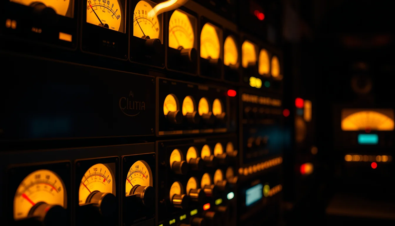 A wall of vintage analog audio meters and dials glowing softly in a dark studio