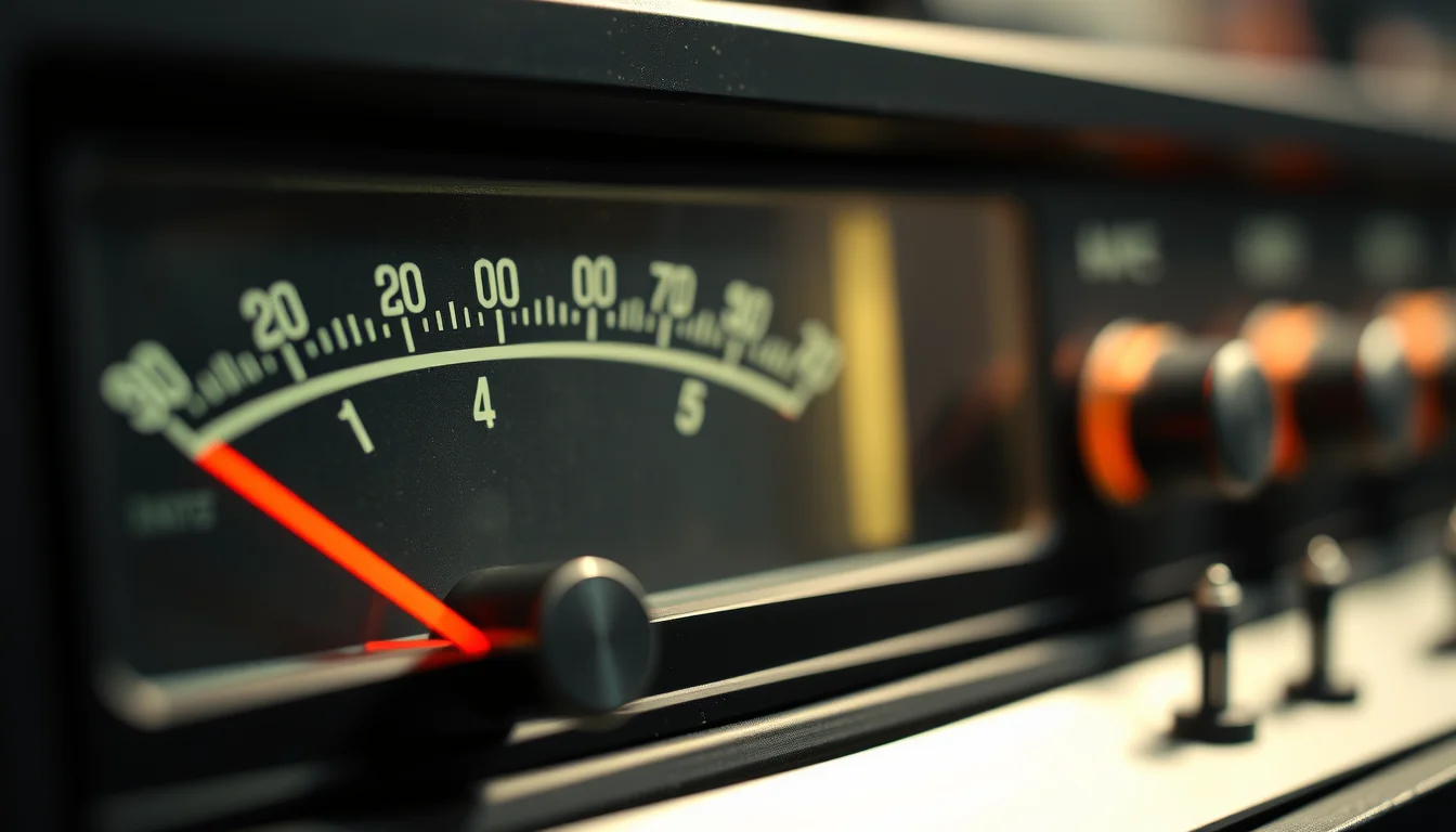 A vintage VU meter with its needle peaking into the red zone, extreme close-up