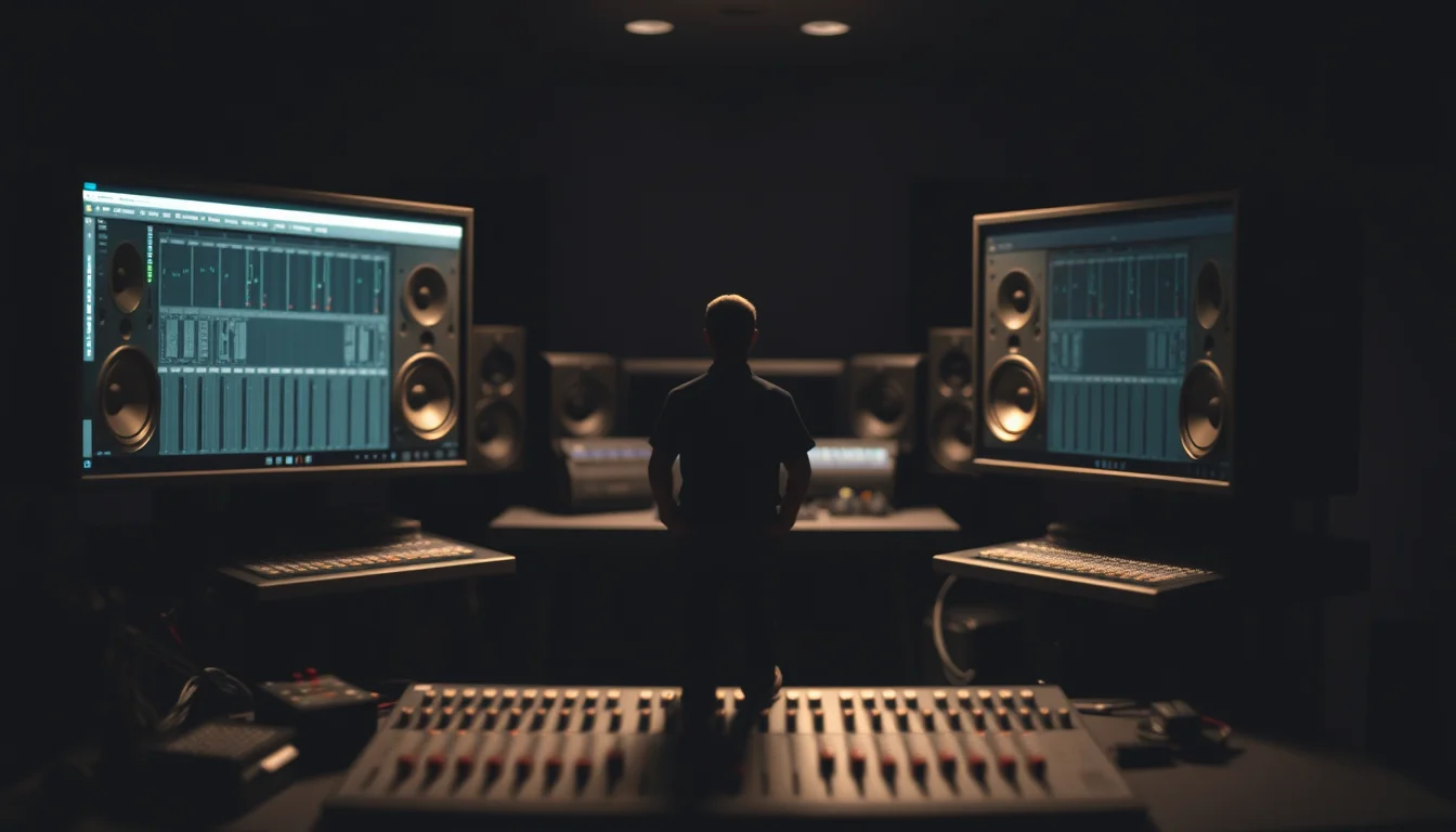 The silhouette of a mastering engineer between two large studio monitors in a dark control room