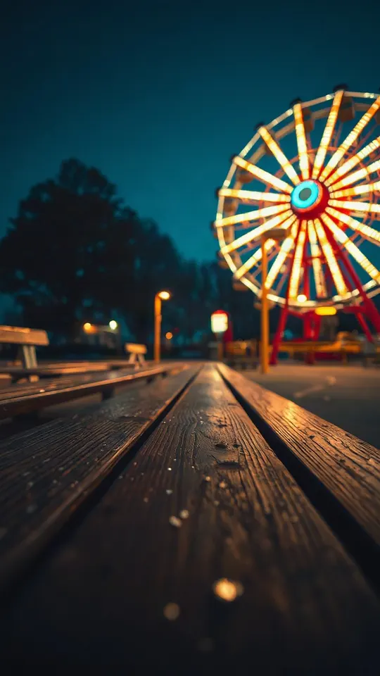 Payoff scene — a generated storyboard shot for the song Sugar Rush: The wheel still lit, the bench empty
