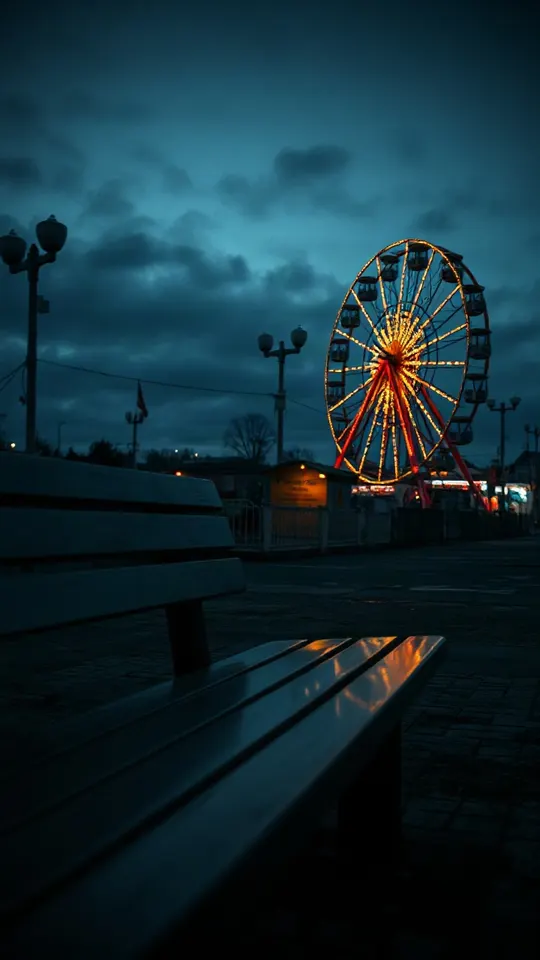 Setup scene — a generated storyboard shot for the song Sugar Rush: A bench at the fair, last light of the day