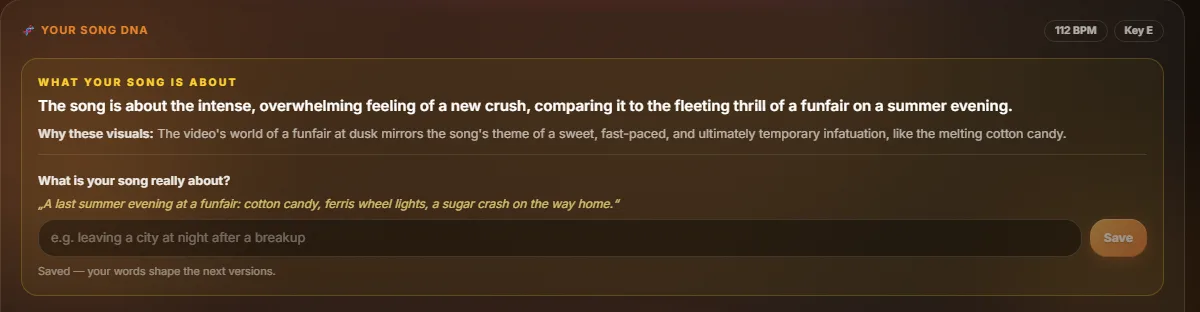 Songbrain result for the song Sugar Rush: the panel 'What your song is about' with the reading, the line 'Why these visuals', and the box 'What is your song really about?' for a free storyboard redo.