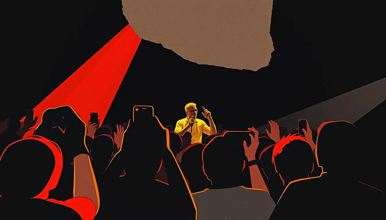 A small club crowd with raised phones filming an artist on stage in warm light